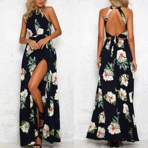 NEW High Split Floral Halter Neck Maxi Dress XS
